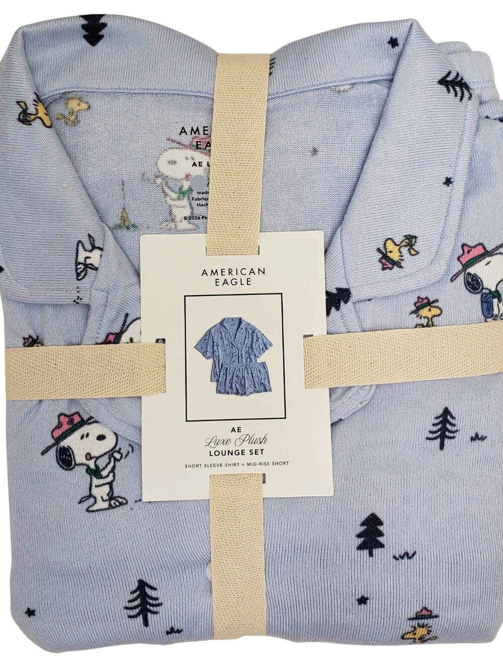 AMERICAN EAGLE Luxe Plush Lounge Set Snoopy Peanuts Short Sleeve Shirt & Shorts